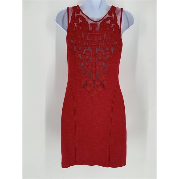 Free People Red Sexy Lace Bodycon Mini Dress Sleeveless Embroidered Sz XS - Picture 3 of 9